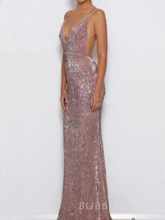 Simple Spaghetti Straps Mermaid Sequins Long Evening Prom Dresses, Custom V-neck Prom Dresses, BGS0263