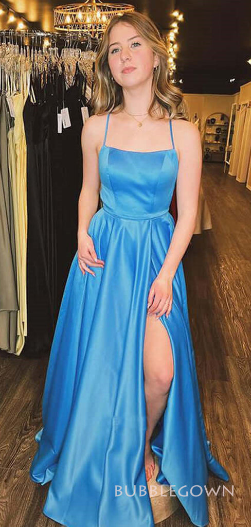 Simple Blue Satin Spaghetti Straps Long Evening Prom Dresses, Custom A-line Prom Dresses, BGS0276