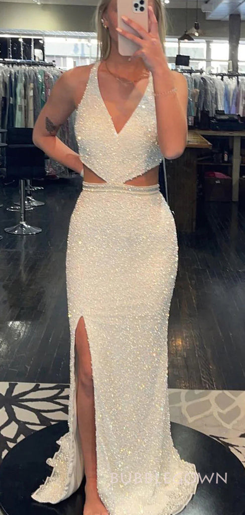 V-neck White Sequins Mermaid Long Evening Prom Dresses, Side Slit Sparkly Prom Dresses, BGS0281