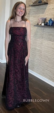 Spaghetti Straps Black Appliques Long Evening Prom Dresses, Floor-length Prom Dress, BGS0335