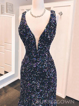 Navy Blue Sequins Mermaid V-neck Long Evening Prom Dresses, BGS0361