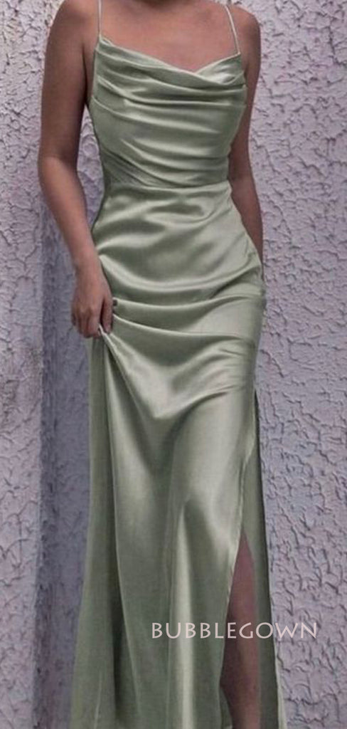 Spaghetti Straps Sage Satin Mermaid Long Evening Prom Dresses, BGS0364