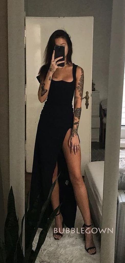 High Slit Black Long Prom Dresses, Custom Straps Prom Dress, BGS0423