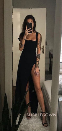 High Slit Black Long Prom Dresses, Custom Straps Prom Dress, BGS0423