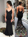 V-neck Black Mermaid Appliques Long V-neck Prom Dresses, BGS0434