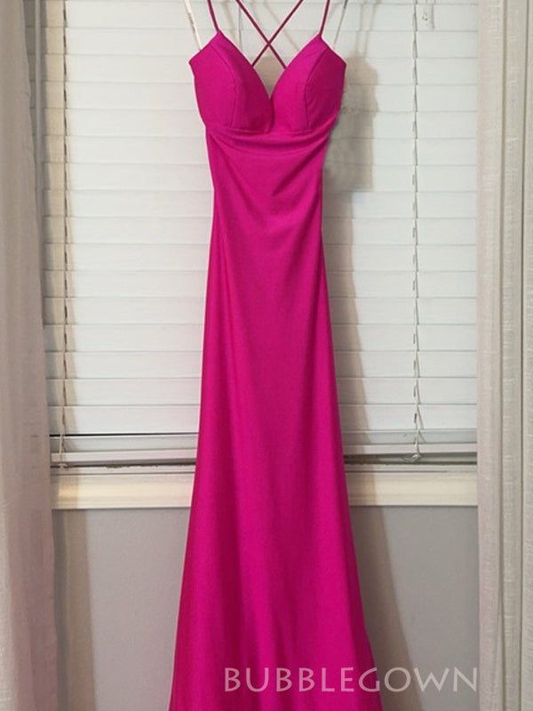 Hot Pink Mermaid Spaghetti Straps V-neck Long Prom Dresses, BGS0438