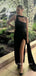 Sheath Black Mermaid One Shoulder Side Slit Long Prom Dresses, BGS0446