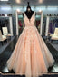 Affordable Peach V Neck Applique Long Cheap Prom Dress, BG51486