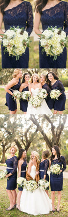 One Shoulder Long Sleeve Lace Navy Blue Short Bridesmaid Dresses, BG51265
