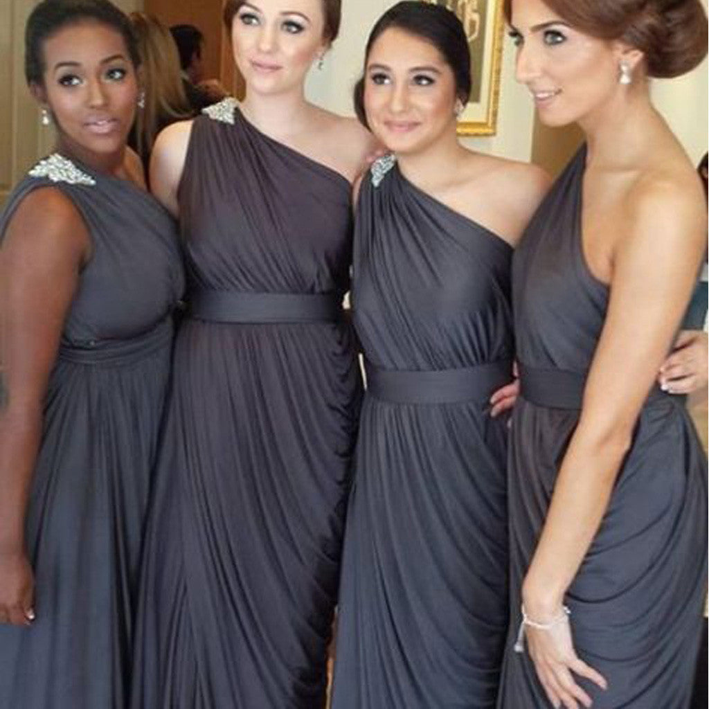 Dark Grey One Shoulder Elegant Online Long Bridesmaid Dresses, BG51343 - Bubble Gown