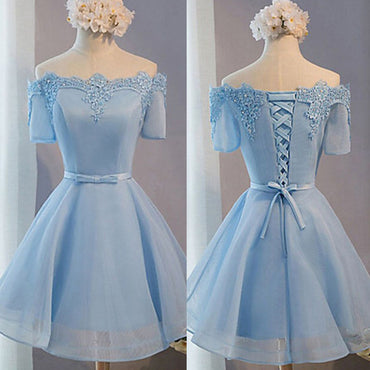 Blue Off Shoulder Half Sleeves Lace Up Cute Homecoming Dresses, BG51446 - Bubble Gown
