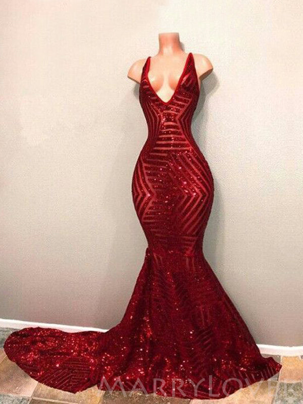 Sexy Mermaid Red Sequin V Neck Cheap Evening Long Prom Dress, BGP090