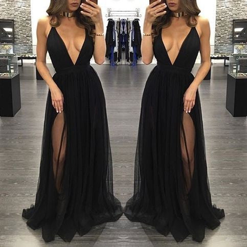 Black Deep V Neck Sexy Simple Side Split Long Party Prom Dresses, BG51514 - Bubble Gown