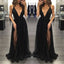 Black Deep V Neck Sexy Simple Side Split Long Party Prom Dresses, BG51514 - Bubble Gown