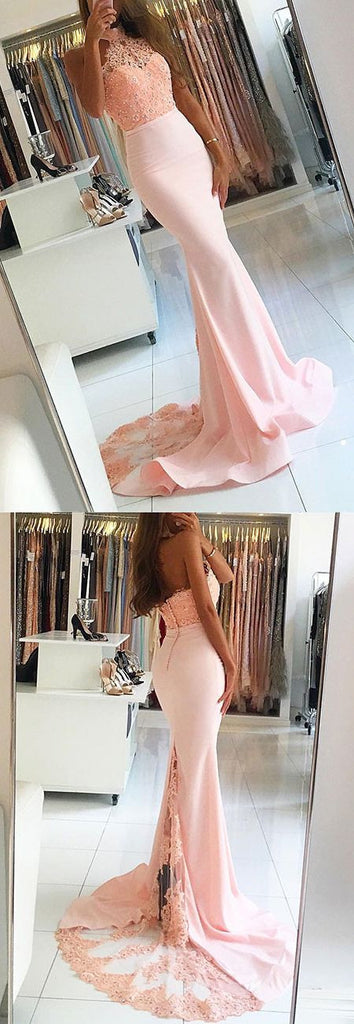 Blush Pink Halter Mermaid Sexy Lace Long Bridesmaid Dresses, BG51550 - Bubble Gown