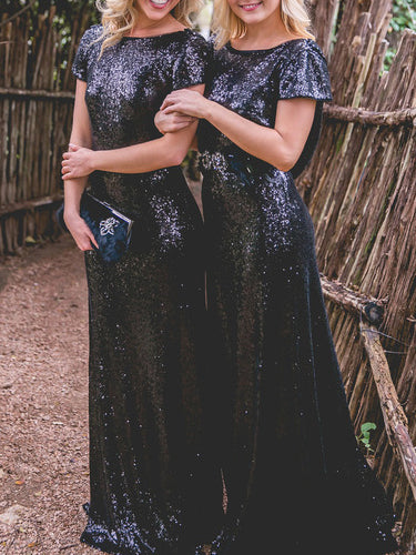 Short Sleeves Navy Blue Sequin Popular Charming Long Bridesmaid Dresses, BG51619