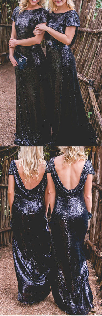 Short Sleeves Navy Blue Sequin Popular Charming Long Bridesmaid Dresses, BG51619