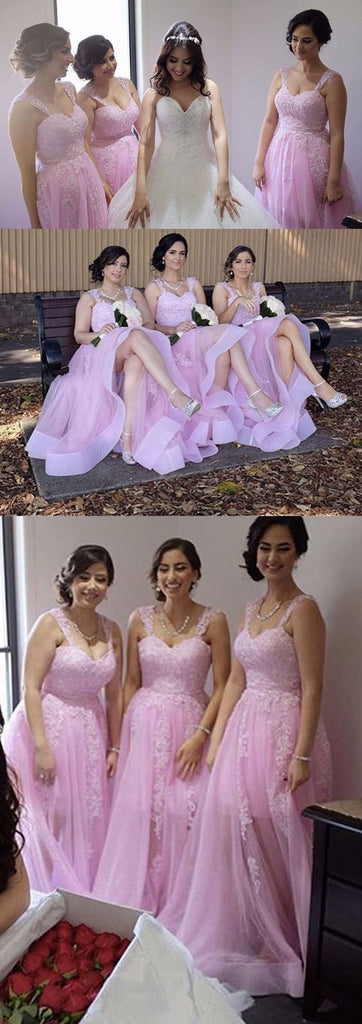 Pink Elegant Popular Lace Tulle Cheap Long Bridesmaid Dresses, BG51641