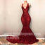 Sexy Mermaid Red Sequin V Neck Cheap Evening Long Prom Dress, BGP090