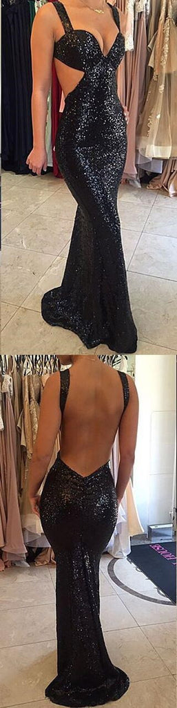 Sparkle Black Sequined Sexy Mermaid Backless Long Prom Dresses, BG51029