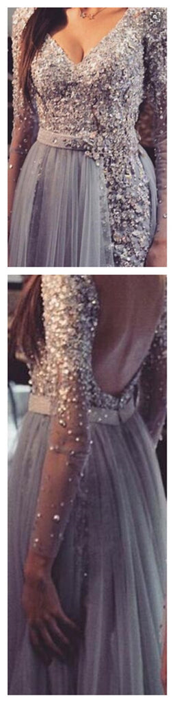 Long Sleeve Lace Backless V-Neck Long Prom Dresses, BG51135 - Bubble Gown