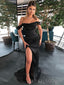 Off Shoulder Black Satin Mermaid Long Evening Prom Dresses, Custom Side Slit Prom Dresses, BGS0013