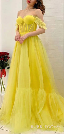 Off Shoulder Yellow Tulle A-line Long Evening Prom Dresses, Custom Prom Dress, BGS0093