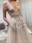 Champagne A-line Tulle Appliques Long Wedding Dresses, Custom Wedding Dress, BGS0154