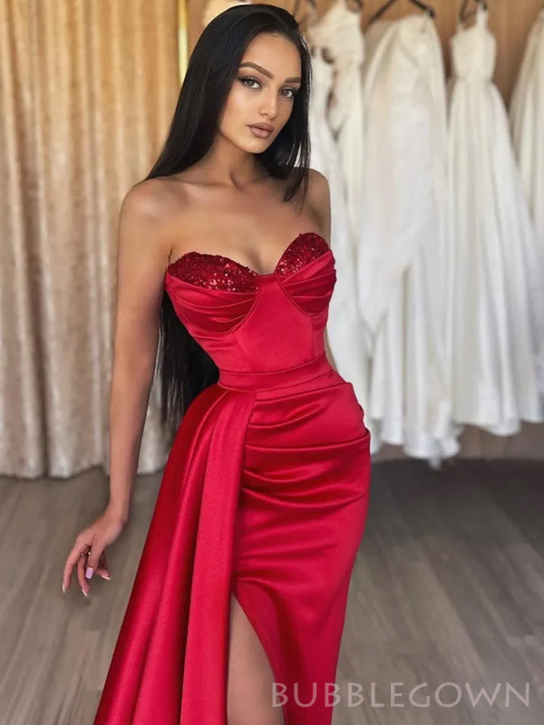 Mermaid Red Satin Beaded Strapless Long Evening Prom Dresses, Custom Prom Dress, BGS0161