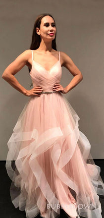 A-line Pink Tulle Spaghetti Straps Long Evening Prom Dresses, Custom V-neck Prom Dress, BGS0191