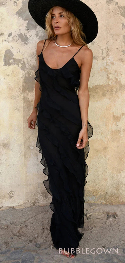 Unique Black Chiffon Long Evening Prom Dresses, Custom Spaghetti Straps Prom Dresses, BGS0233