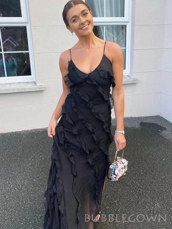 Unique Black Chiffon Long Evening Prom Dresses, Custom Spaghetti Straps Prom Dresses, BGS0233