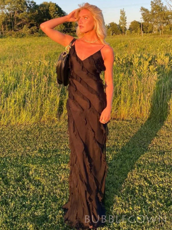 Unique Black Chiffon Long Evening Prom Dresses, Custom Spaghetti Straps Prom Dresses, BGS0233