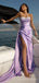 Mermaid Lilac Satin Beaded High Slit Long Evening Prom Dresses, Custom Strapless Prom Dresses, BGS0242