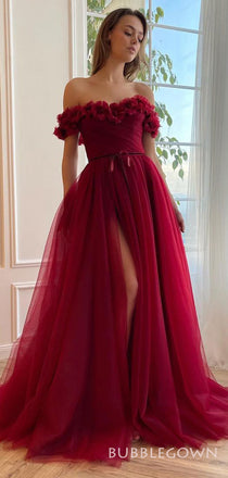 Off Shoulder Red Tulle A-line Long Evening Prom Dresses, Custom High Slit  Prom Dress, BGS0140