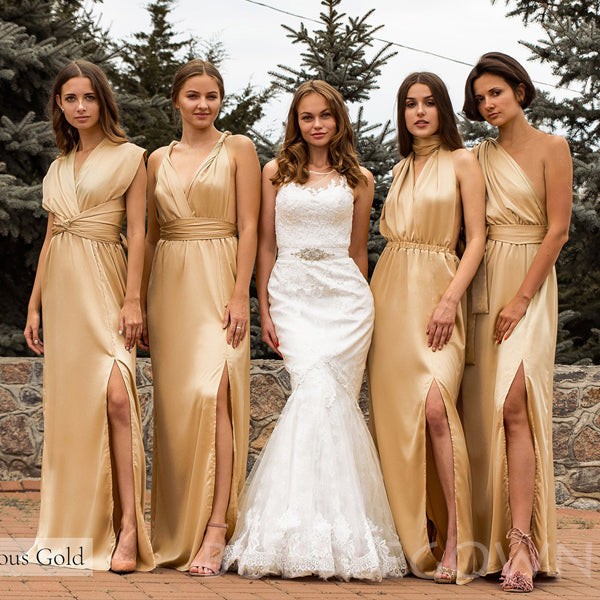 Cheap Gold Soft Satin Simple Side Slit Long Mermaid Bridesmaid Dresses , BN1005