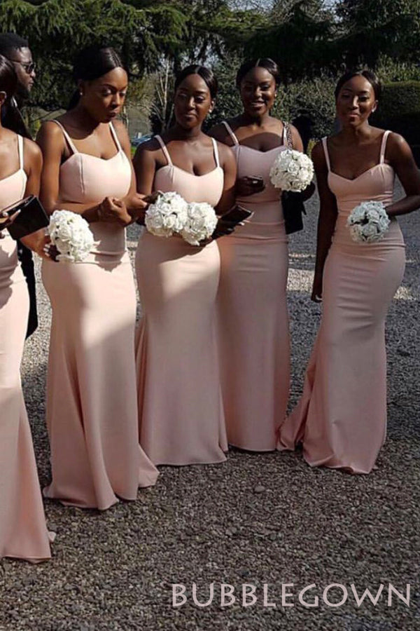 Spaghetti Straps Pink Satin Mermaid Long Sweetheart Bridesmaid Dresses , BN1045