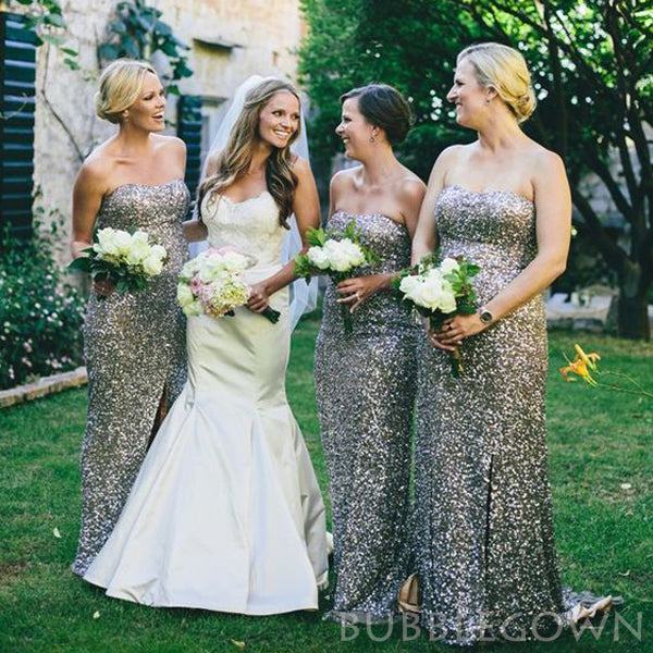 Column Silver Grey Sequin Strapless Long Bridesmaid Dresses , BN1048