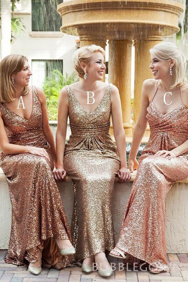 V-neck Sequin Long Mermaid Bridesmaid Dresses , BN1058