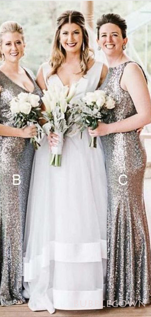 Grey Sequin Long Mermaid Bridesmaid Dresses , BN1063