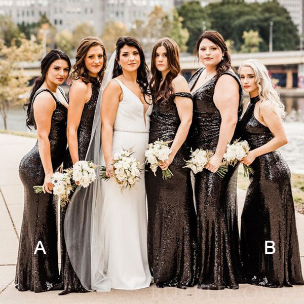 Black Sequin Sparkly Long Mermaid Bridesmaid Dresses , BN1069