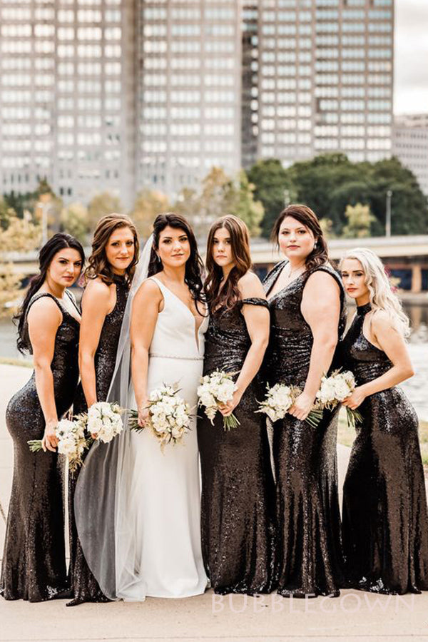 Black Sequin Sparkly Long Mermaid Bridesmaid Dresses , BN1069