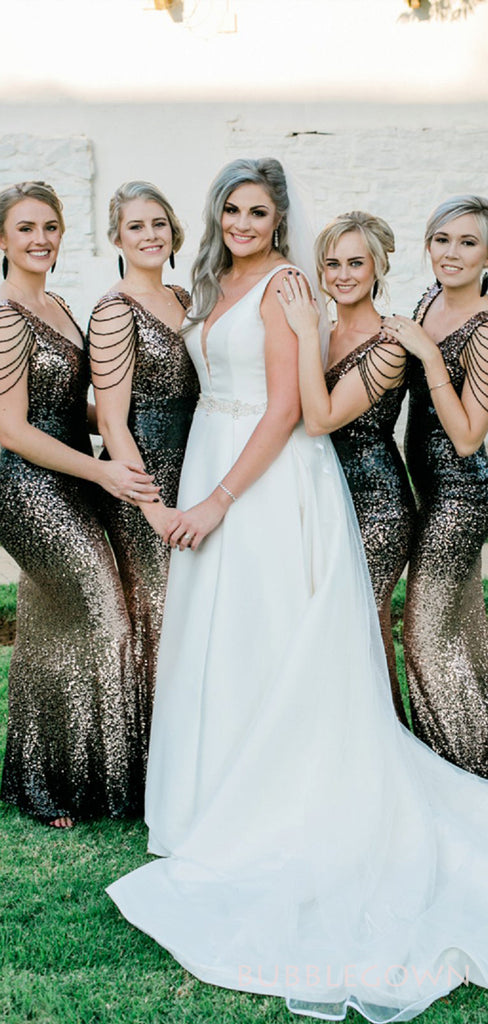 V-neck Gradient Sequin Long Mermaid Bridesmaid Dresses , BN1070