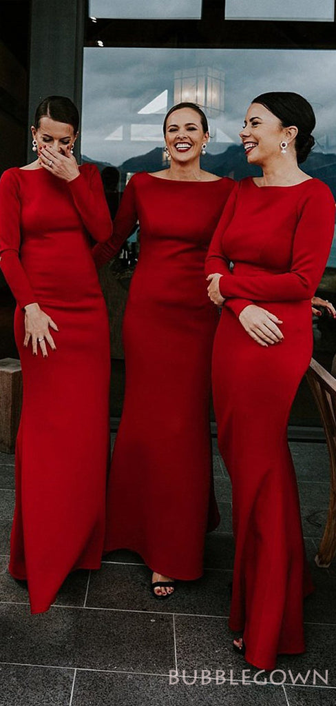 Long Sleeves Red Satin Long Mermaid Bridesmaid Dresses , BN1086