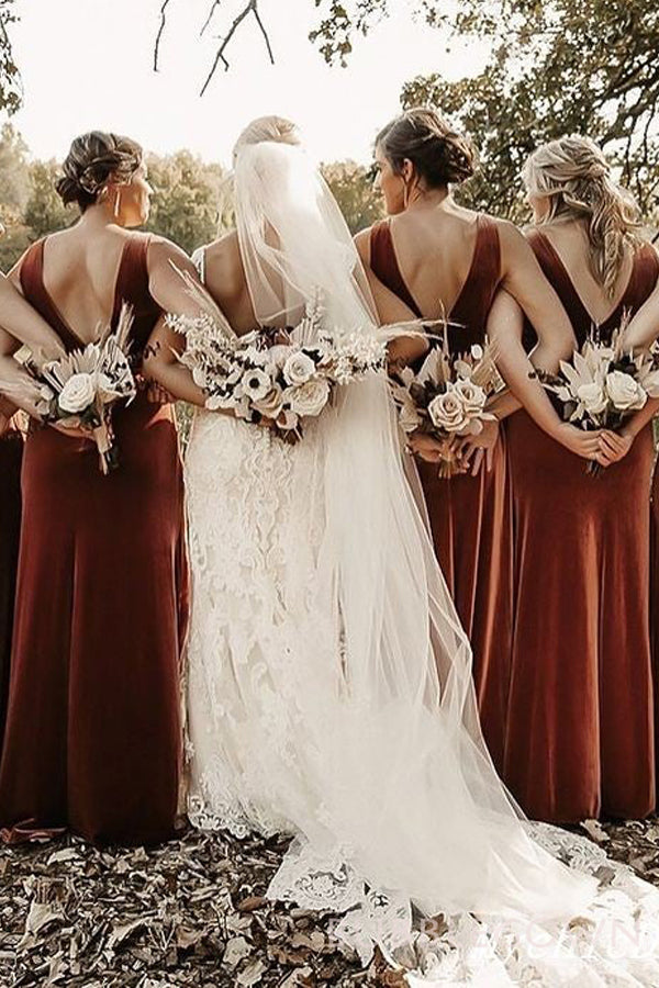 Sheath/Column Copper Velvet Long Bridesmaid Dresses, BN1091