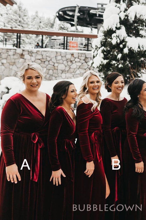 Long Sleeves Burgundy Velvet Long Bridesmaid Dresses, BN1098