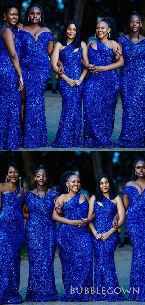 Blue Sequin Mermaid Long Bridesmaid Dresses, BN1102