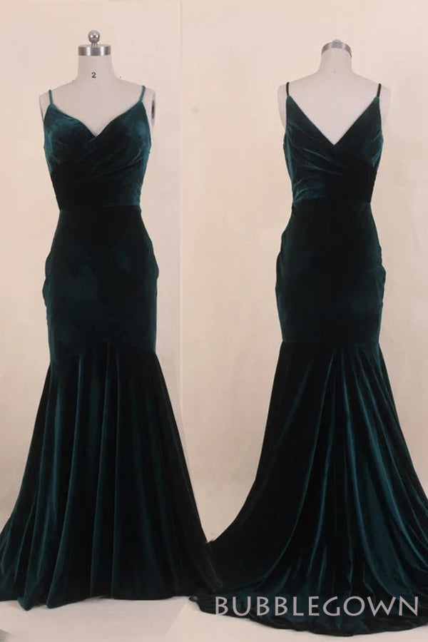 Column Spaghetti Straps Dark Green Velvet Long Bridesmaid Dresses, BN1109