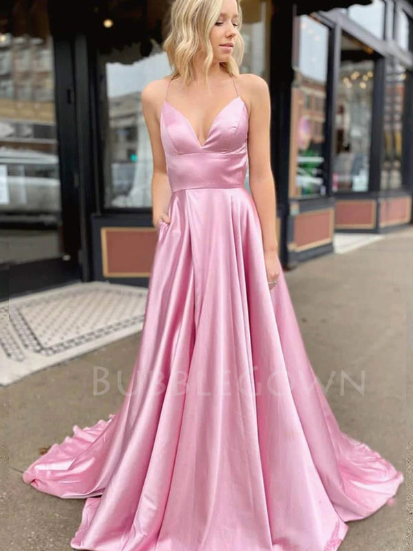 A-Line Spaghetti Straps Side Long Evening Prom Dresses, MR7021