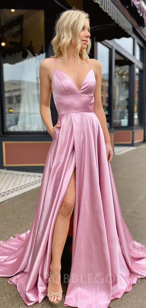 A-Line Spaghetti Straps Side Long Evening Prom Dresses, MR7021